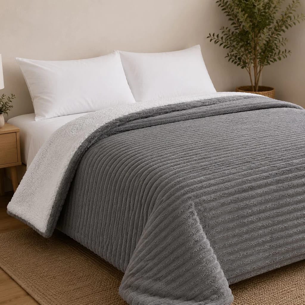 Cama con cubrecama gris y almohadas blancas
